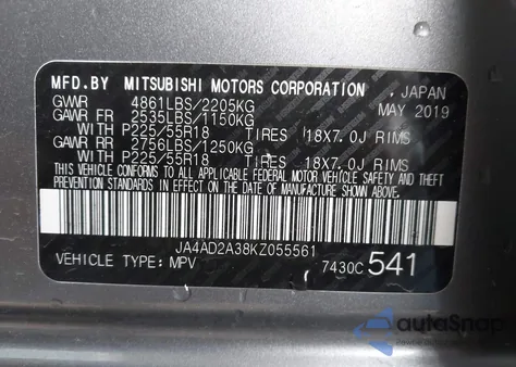 2019 Mitsubishi Outlander Es из США, поврежденный, VIN JA4AD2A38KZ055561